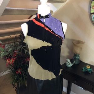 NWT Jamie Sadock Purple-Black-Tan Crepe top XS